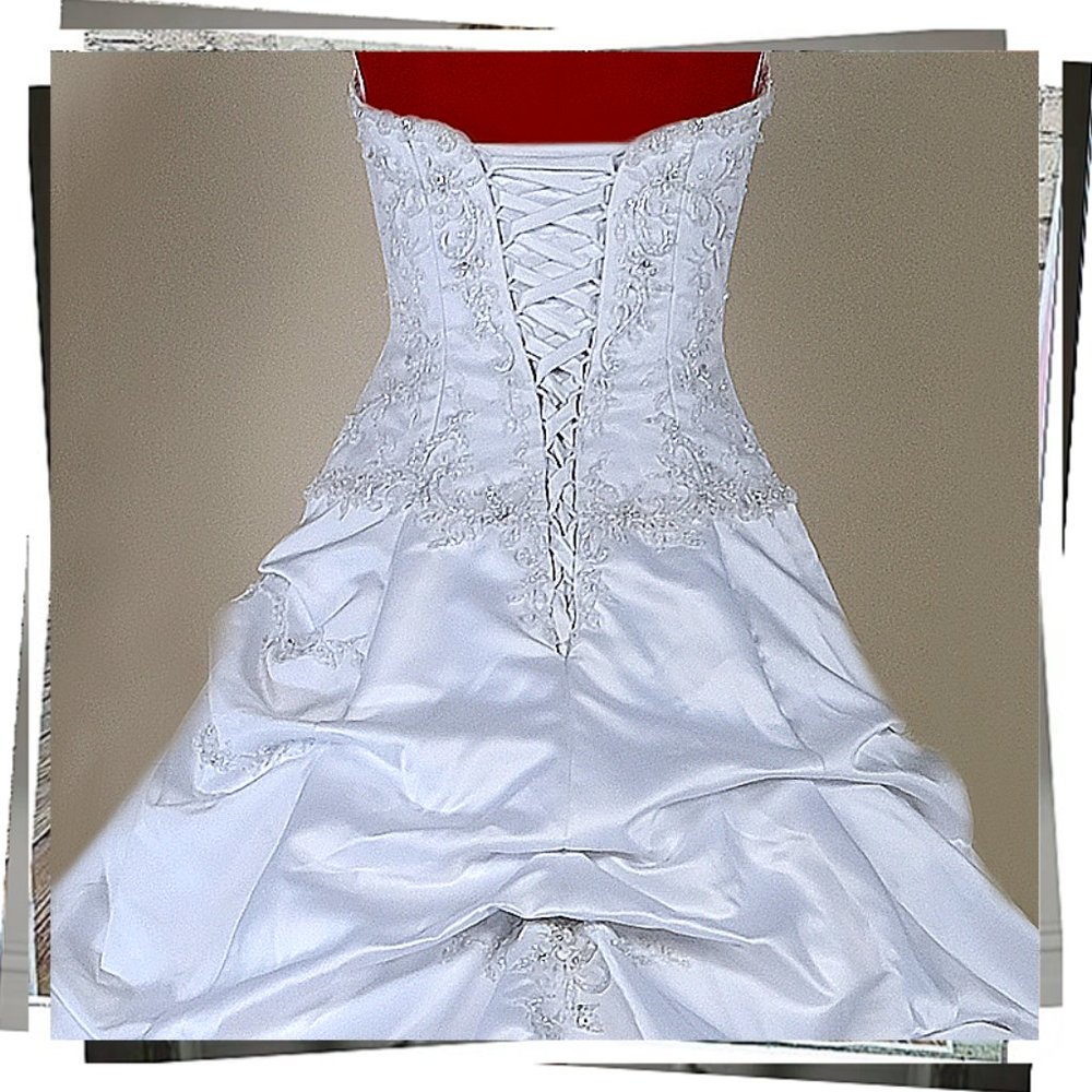 NWOT: Strapless White Satin Victorian Inspired Wedding Gown w/ Crystal & Beading - Picture 9 of 10